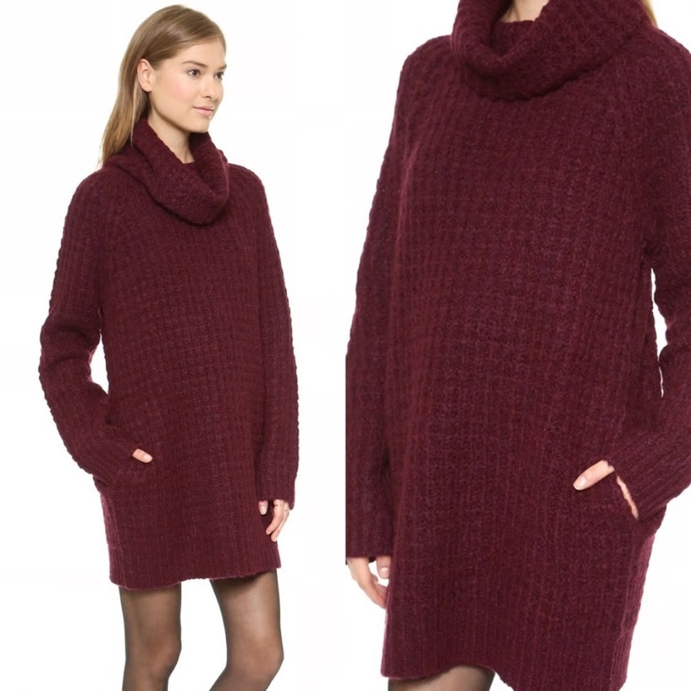 Elizabeth & James alpaca wool knit Burgundy Turtleneck chunky Sweater Dress M
